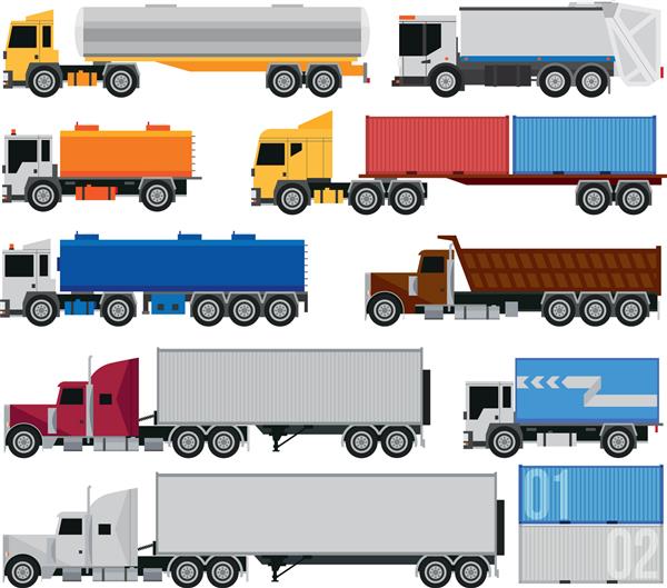 کامیون و تریلر در زمینه سفید کامیون های باربری و نیمه کامیون تحویل و حمل و نقل برای اینفوگرافیک یا طراحی