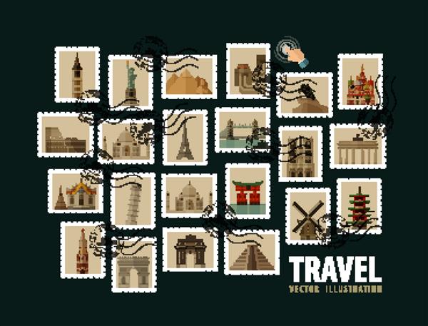 سفر الگوی طراحی آرم وکتور تعطیلات تمبر پستی یا معماری تاریخی شمایل جهانی