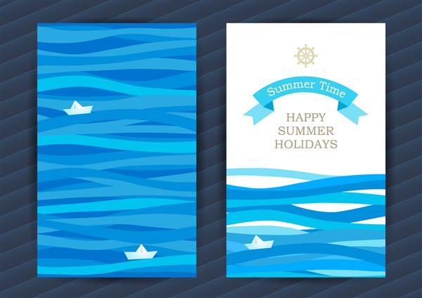 کارت های تعطیلات تابستانی روشن با عناصر دریا الگوی دریا با قایق کاغذی و موج متن خود را قرار دهید طراحی قاب الگو برای بنر پلاکارد دعوت نامه پس زمینه وکتور آبی