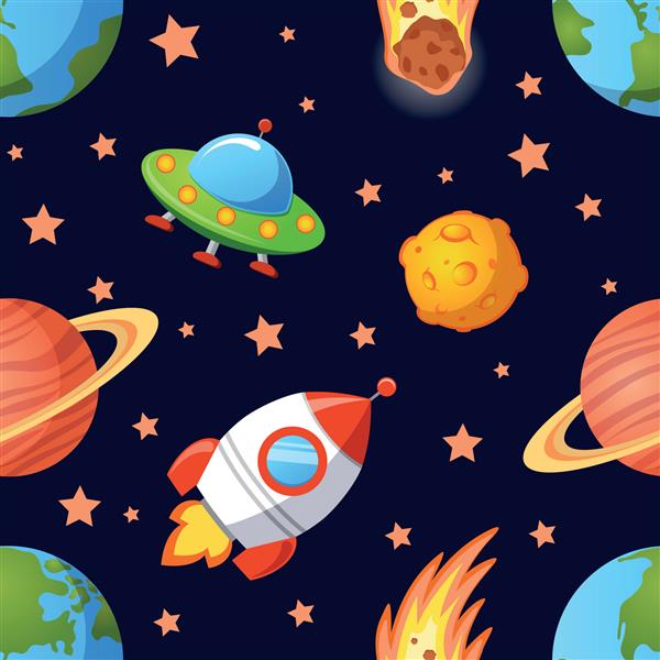 الگوی فضای یکپارچه کودکانه با سیارات بشقاب پرنده ها موشک ها و ستاره ها