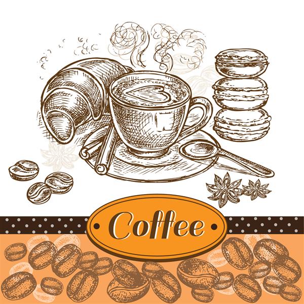 تصویر وکتور یک فنجان قهوه با کروسان برای طراحی