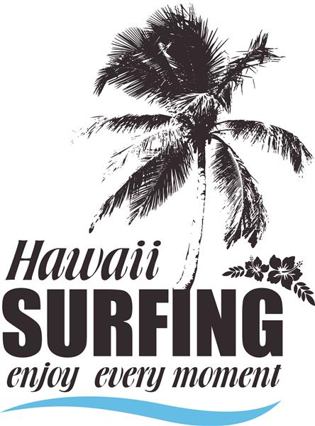 چاپ گرمسیری با کف دست و پاییز برای تی شرت بنر هاوایی برای موج سواری زمینه سفر تابستانی