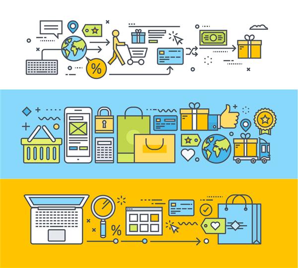 مجموعه ای از مفاهیم طراحی تخت خط نازک برای خرید آنلاین تجارت الکترونیکی تجارت تصاویر وکتور برای آگهی های وب و مواد تبلیغاتی