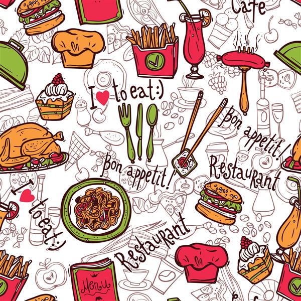 کافه بار فست فود چیپس همبرگر نمادها یکپارچه بسته بندی رستوران الگوی کاغذ طرح نقاشی تصویر وکتور انتزاعی
