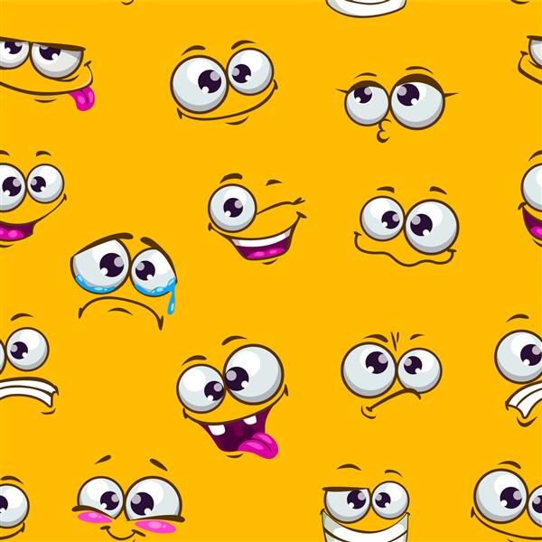 الگوی یکپارچه با چهره های کارتونی خنده دار در پس زمینه زرد