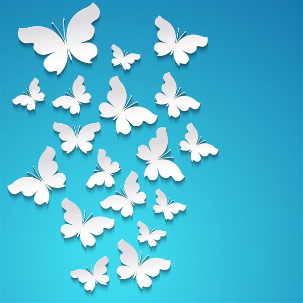 پس زمینه انتزاعی از پروانه های پرواز کاغذ برش داده شده روی آبی تصویر وکتور