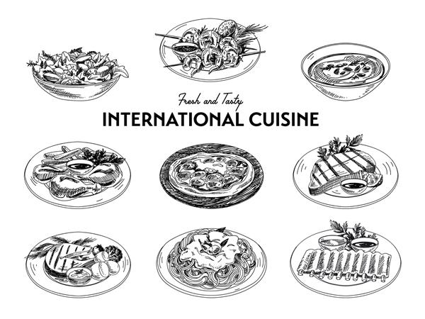 وکتور دست طراحی شده مجموعه غذاهای بین المللی غذای رستوران تصویرسازی برش خورده