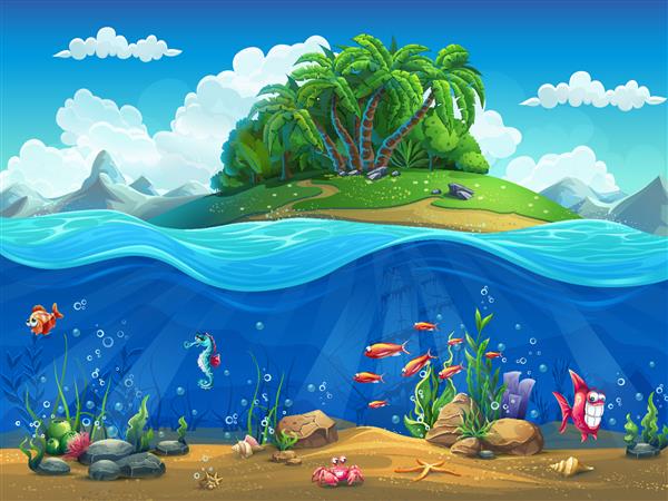 کارتون دنیای زیر آب با ماهی گیاهان جزیره