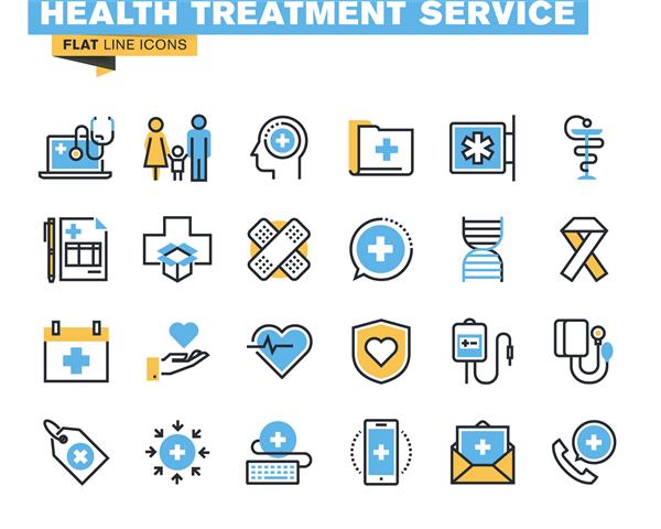 مجموعه آیکون های مسطح پشتیبانی پزشکی آنلاین مراقبت های بهداشتی خانواده بیمه درمانی داروخانه خدمات پزشکی مفهوم وکتور برای طراحی گرافیک و وب