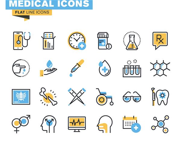 مجموعه آیکون های تخت لوازم پزشکی تشخیص و درمان مراقبت های بهداشتی آزمایشات آزمایشگاهی داروها و تجهیزات مفهوم وکتور برای طراحی گرافیک و وب