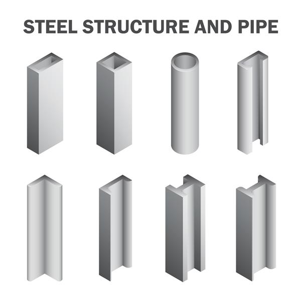 محصولات سازه ای فولادی مانند لوله های تیرچه و لوله ها از نظر شکل متنوع برای مصالح ساختمانی مواد ساختمانی فولادی محصولات صنعت آهن و فولاد طراحی مجموعه آیکون های وکتور