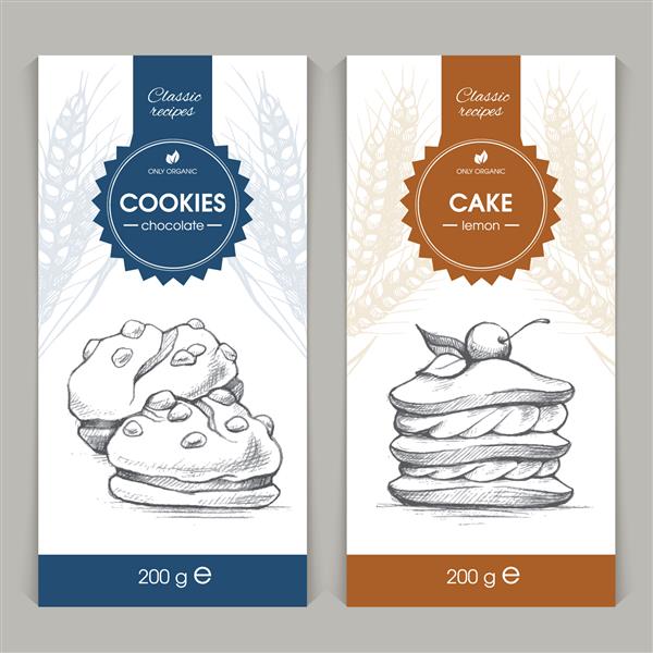 مجموعه وکتور الگوهای بسته بندی شیرینی برچسب بنر پوستر هویت مارک تجاری پس زمینه با طرح نقاشی شده با دست - کوکی ها و کیک طراحی شیک برای کالاهای پخته شده