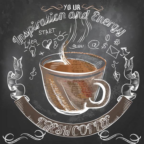 پوستر وکتور قهوه به سبک جذاب با گچ روی تخته سیاه با الهام از قهوه و انرژی در تمام طول روز