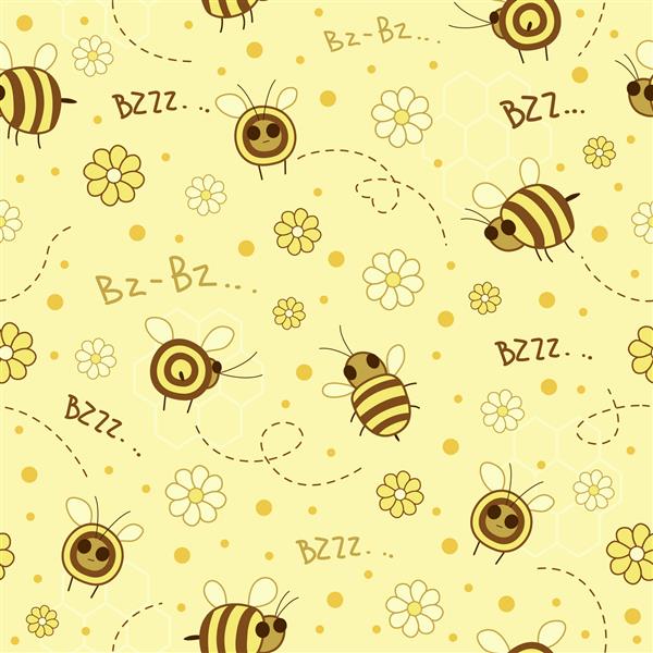 الگوی یکپارچه خنده دار با زنبورهای زیبا گلها و سلولهای عسل در زمینه زرد