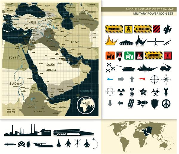نقشه خاورمیانه و آسیا با مجموعه نماد قدرت نظامی