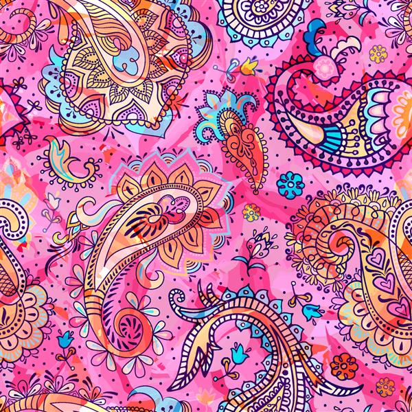 الگوی بدون درز گل وکتور کاغذ دیواری تزیینی هند اندونزی باتیک الگوی رنگارنگ با گلهای گل پنسیلی و یکدست طراحی کاغذ بسته بندی تار جلد پارچه پارچه فرش