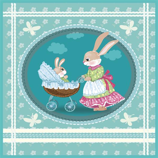 کارت پستال تولدت مبارک خرگوشهای ناقل و مادر مادر و پسر هستند زمینه کودکانه کارتون