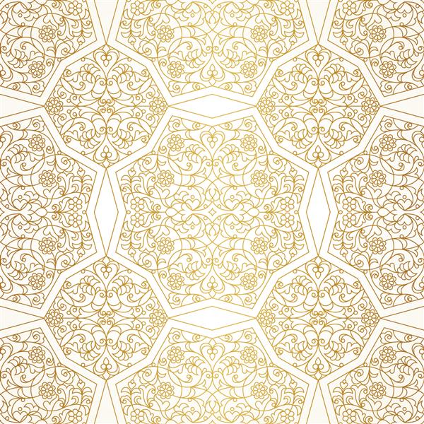 وکتور الگوی بدون درز با تزئین گل عنصر جذاب برای طراحی به سبک شرقی ردیابی طلایی توری دکوراسیون تزئینی گل برای کاغذ دیواری دکوراسیون سنتی عربی در پس زمینه روشن