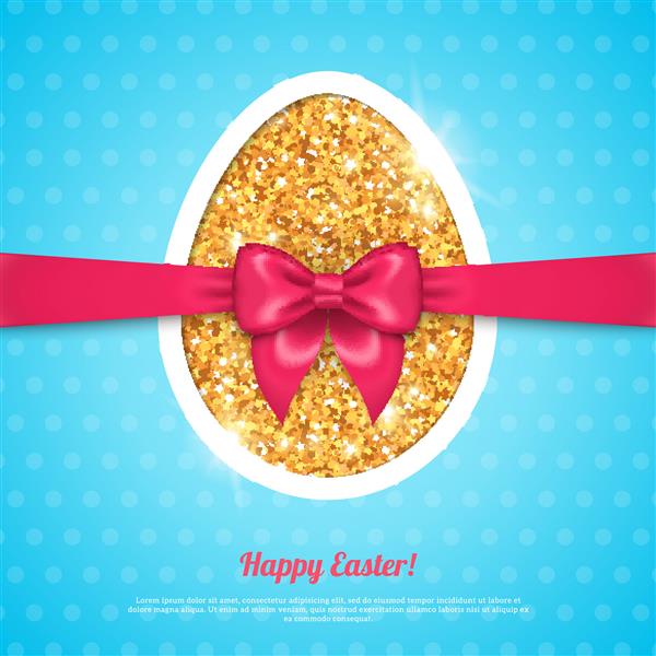 الگوی کارت تبریک عید پاک مبارک با تخم مرغ طلایی و کمان صورتی در پس زمینه بافت نقطه های آبی تصویر برداری