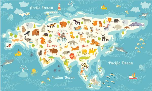نقشه جهان حیوانات آمریکای شمالی تصویر وکتور رنگارنگ برای کودکان و کودکان پوستر حیوانات آمریکای شمالی سبک کارتون پستانداران پیش دبستانی آموزش کودک قاره ها اقیانوس ها کشیده شده زمین