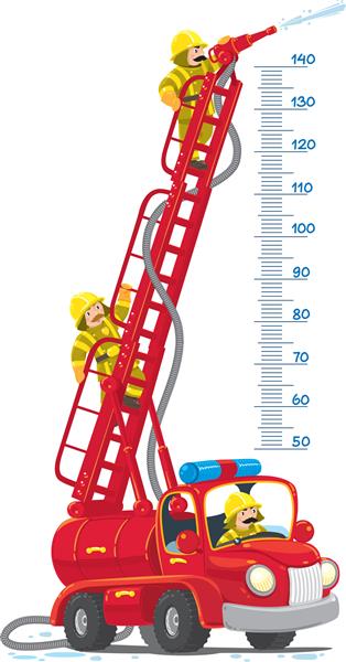 مترووال یا ارتفاع سنج با ماشین آتش نشانی اسباب بازی قرمز خنده دار یا ماشین آتش نشانی با نردبان تاشو برجسته و سه آتش نشان کوچک تصویر وکتور کودکان