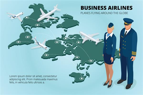 خطوط هوایی تجاری هواپیماهایی که در سراسر جهان پرواز می کنند تصویر وکتور ایزومتریک سه بعدی تخت