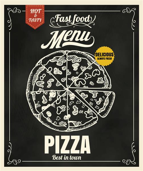 رستوران فست فود منو پیتزا در قالب وکتور تخته سیاه