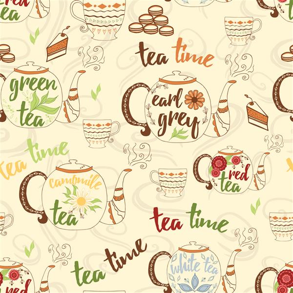 دست روشن با طراحی قایق های زیبا فنجان ها کیک بخار تازه و عناصر طراحی مناسب برای وقت چای الگوی یکپارچه برای مهمانی چای بسته طراحی آشپزخانه یا شرکت چای