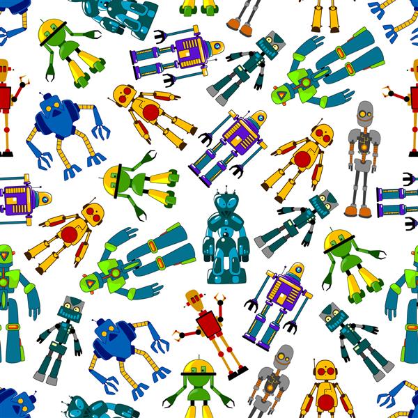 ربات دوستانه الگوی یکپارچه با پس زمینه رنگارنگ شخصیت های ربات های انسان نما و ترانسفورماتور الکترومکانیکی کارتونی استفاده از طراحی داخلی و منسوجات کودکانه