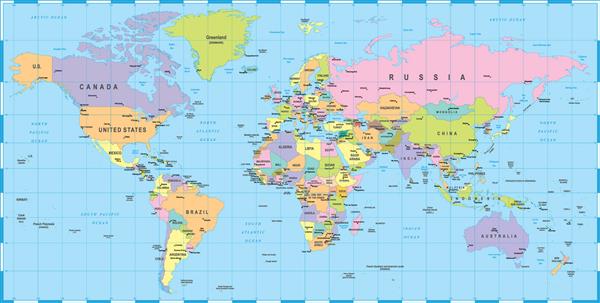 نقشه جهانی رنگی - مرزها کشورها و شهرها - تصویر شامل لایه های بعدی است - خطوط زمین - نام کشورها و سرزمین ها - نام شهرها - نام آبجکت های آب