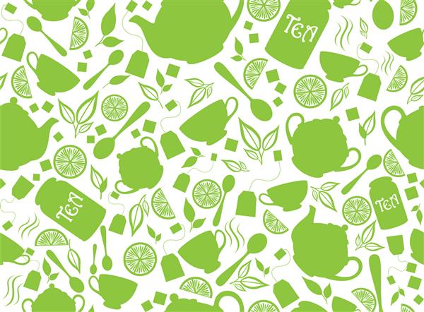 الگوی چای سبز تصویر وکتور با برگ چای قوری فنجان لیمو از بافت بی پایان می توان برای طراحی بسته منو چاپ روی پارچه و رزرو کاغذ یا قراضه استفاده کرد