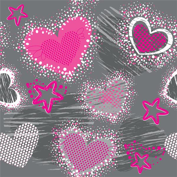 الگوی یکپارچه انتزاعی برای دختران پس زمینه خلاق وکتور با قلب نقطه خط ستاره در رنگ های صورتی خاکستری و سفید کاغذ دیواری خنده دار برای پارچه سبک مد