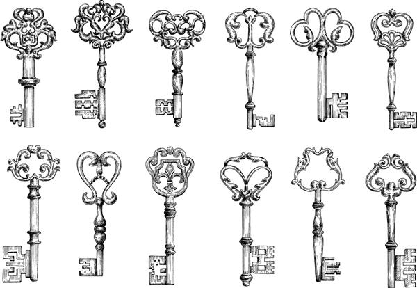 طرح های جذاب از کلیدهای در قرون وسطی که با نقش و نگارهای گل جعلی با عناصر تزئینی تزئین شده است طراحی تم تزئین تزئین امنیت یا ایمنی