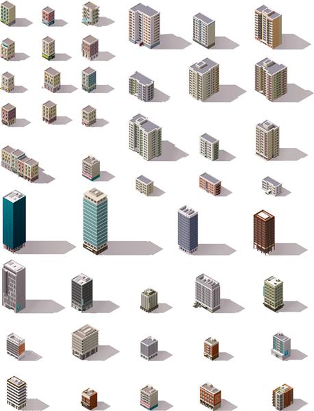 مجموعه آیکون های ایزومتریک یا عناصر اینفوگرافیک از ساختمان های کم پلی آسمان خراش ها خانه ها دفاتر و فروشگاه ها برای ایجاد نقشه شهر یا شهر