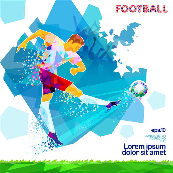 بازیکن فوتبال با ضربه به توپ تار شدن حرکت توپ چند ضلعی تلطیف شده