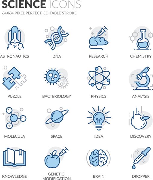 مجموعه ای ساده از نمادهای خط رنگی مربوط به علم شامل نمادهایی مانند DNA تجزیه و تحلیل تحقیقات اصلاح ژنتیکی و موارد دیگر است سکته مغزی قابل ویرایش