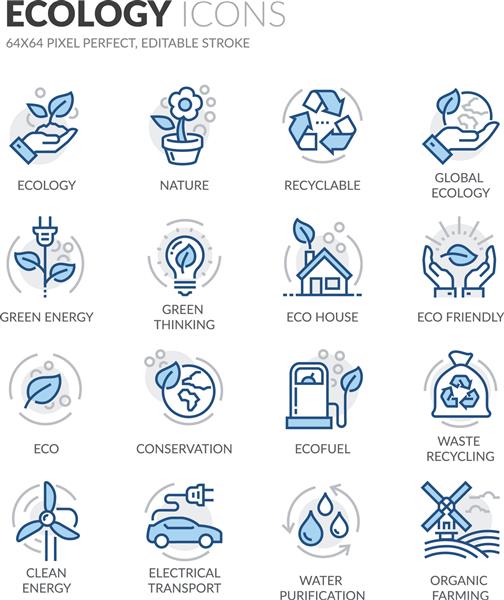 مجموعه ای ساده از نمادهای خط وکتور رنگی مربوط به بوم شناسی شامل نمادهایی مانند بازیافت خانه سازگار با محیط زیست تفکر سبز و موارد دیگر است سکته مغزی قابل ویرایش