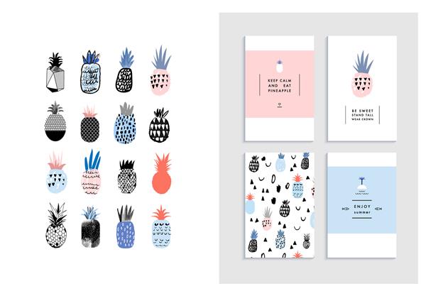 مجموعه ای از آناناس های زیبا با الگوهای کارت و پوستر بافت های مختلف کشیده شده با دست وکتور جدا
