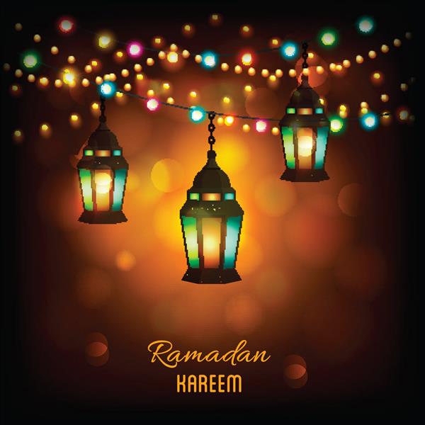 چراغ های آویز روشن و خلاقانه عربی با چراغ های درخشان در زمینه براق کارت تبریک زیبا یا کارت دعوت برای ماه مبارک اسلامی جشن رمضان کریم