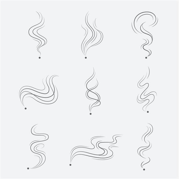 وکتور دود بخار یا بخار به عنوان خطوط تاریک تنظیم می شود نمادهای انتزاعی بوی جدا شده روی پس زمینه سفید دارند رایحه ابرهای کششی ساده و خطی