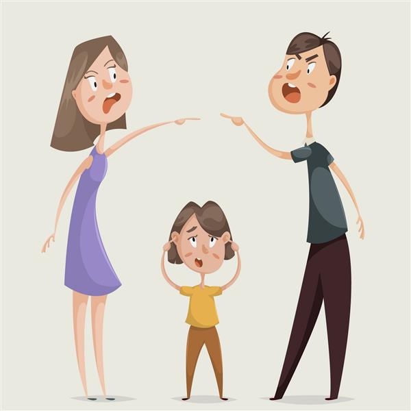 طلاق درگیری خانوادگی زن و مرد زن و شوهر قسم می خورند و کودک گوش هایش را می بندد شخصیت های کارتونی تصویر برداری