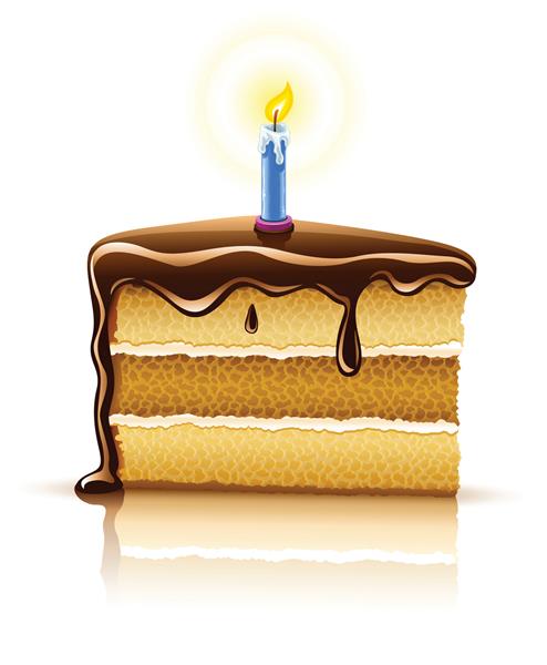 یک قطعه کیک شکلاتی تولد با تصویر وکتور شمع سوزان که در زمینه سفید قرار دارد