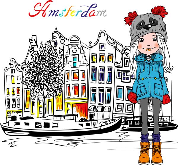 توریست دختر شیک هیپستر با لباس زمستانی در خیابان آمستردام با خانه سنتی هلندی هلند هلند قدم می زند