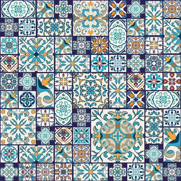 وکتور بدون درز بافت مگا الگوی تکه تکه زیبا برای طراحی و مد با عناصر تزئینی کاشی پرتغالی Azulejo زیور آلات مراکشی