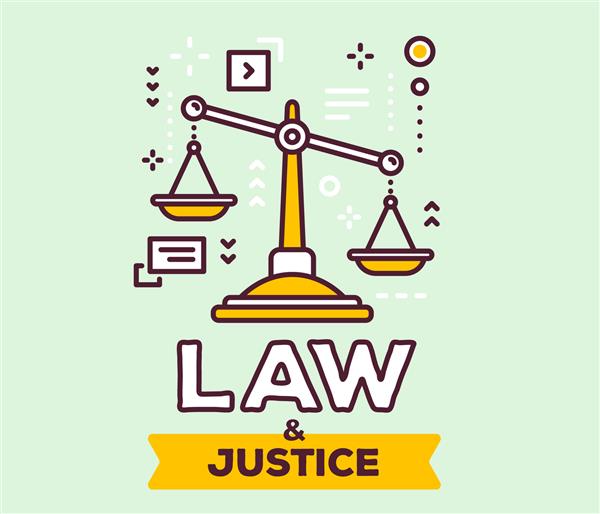 تصویر وکتور از مقیاس های بزرگ عدالت زرد با نمادها مفهوم قانون و عدالت در زمینه سبز با عنوان طراحی هنری نازک برای وب سایت بنر پوستر ارائه شغل