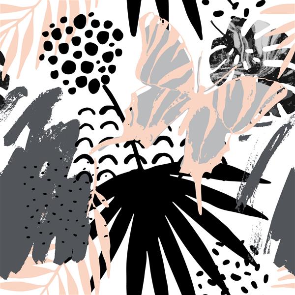 نقاشی انتزاعی در پالت رنگ اسکاندیناوی تصویر وکتور مدرن با برگ های گرمسیری پروانه بافت های گرانج طراحی دستی حداقل عناصر الگوی یکپارچه خلاقانه با اشکال کشیده شده توسط دست
