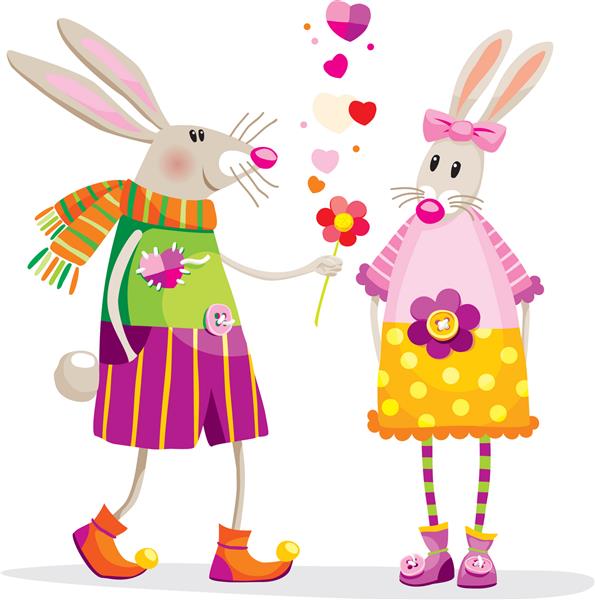 طرح فانتزی زوج خرگوش در یک موقعیت عاشقانه با یک گل