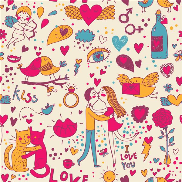 کارتون الگوی یکپارچه عاشقانه با عاشقان گربه ها و پرندگان