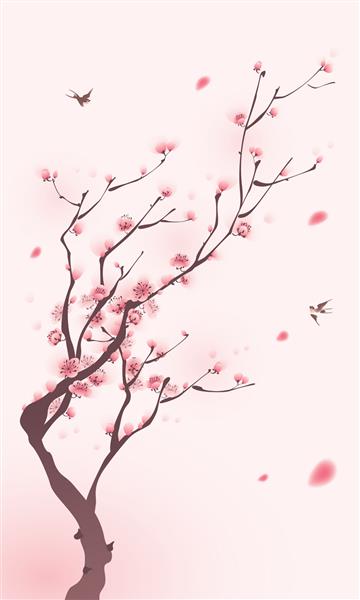 نقاشی به سبک شرقی شکوفه گیلاس در بهار