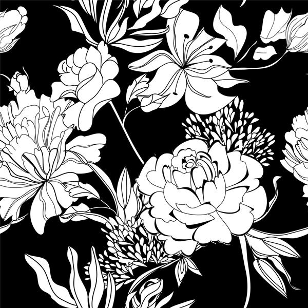 کاغذ دیواری بدون درز تزئینی با گلهای سفید روی زمینه سیاه